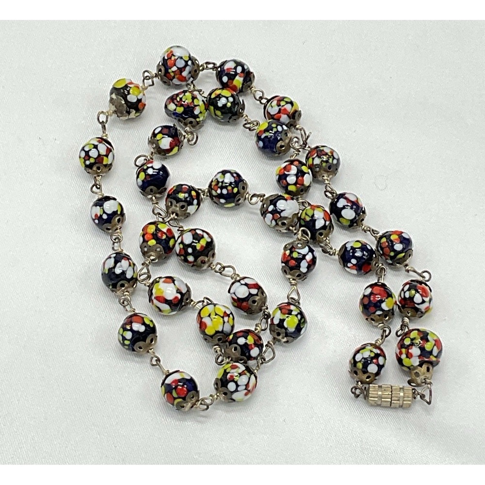 Vintage Millefiori Glass Bead Necklace Murano Style Wire Linked 22" Italy READ